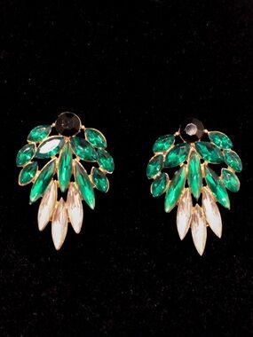 Vintage Green, Black, and White Crystal Navette Cluster Earrings Gold Tone